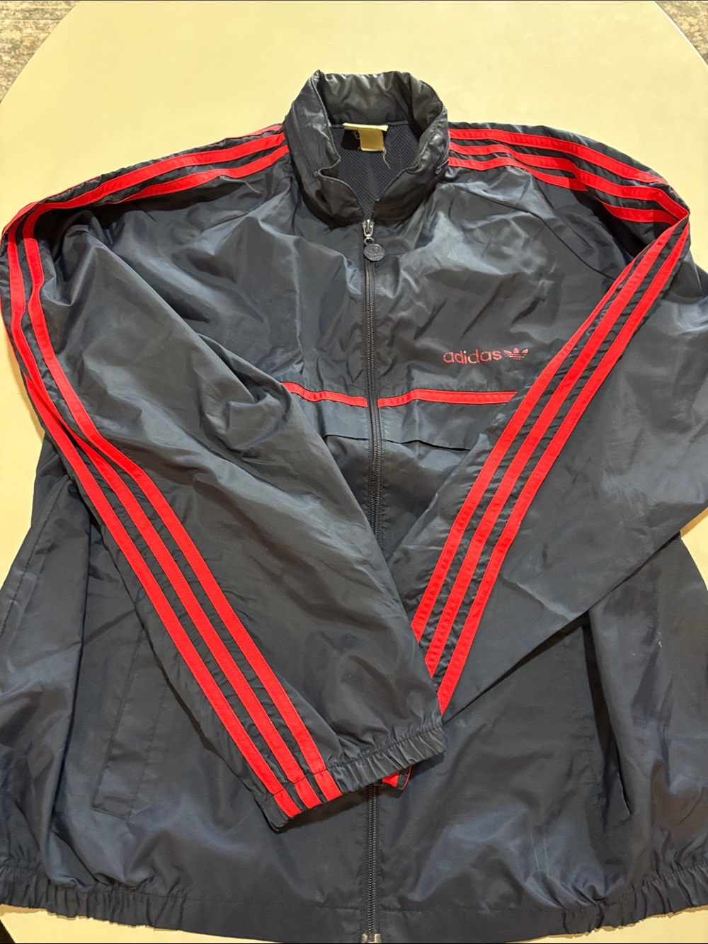 adidas Navy Windbreaker/Track Jacket with Red Three-Stripe Accents